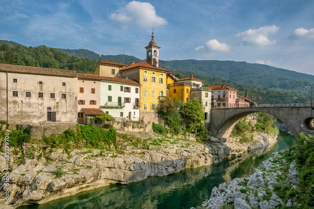 Summer view of the Kanal ob Soci town in Slovenia.