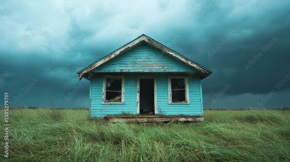 A striking image of an abandoned blue house surrounded by tall grass, set against a dramatic, stormy sky that evokes feelings of mystery and isolation in a desolate landscape. A striking image of an abandoned blue house surrounded by tall grass, set against a dramatic, stormy sky that evokes feelings of mystery and isolation in a desolate landscape.