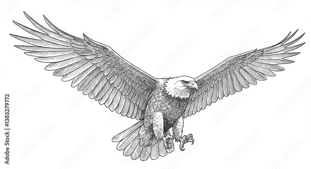 Naklejka premium Majestic Eagle in Flight: Fine Line Drawing