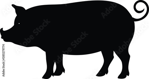 Silhouette Pig, Side View Graphic, Curly Tail, Transparent Background Design Element
