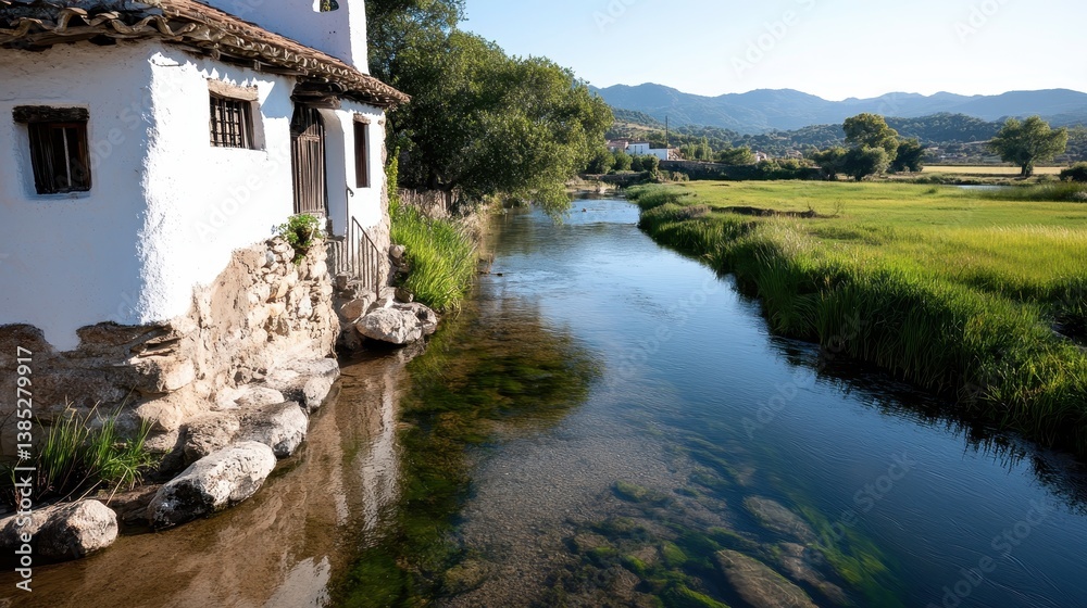 A tranquil river flows beside a rustic white house surrounded by lush greenery and mountains, capturing the essence of peaceful rural living and natural beauty. A tranquil river flows beside a rustic white house surrounded by lush greenery and mountains, capturing the essence of peaceful rural living and natural beauty.