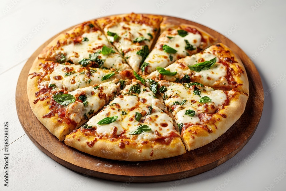 A gourmet pizza with mozzarella and basil. Featuring rustic flavors and indulgence A gourmet pizza with mozzarella and basil. Featuring rustic flavors and indulgence