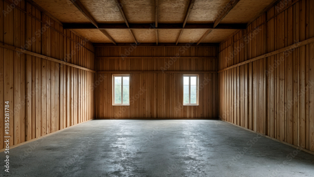 Spacious empty room with wooden walls and concrete floor Spacious empty room with wooden walls and concrete floor