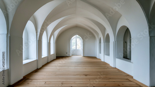 Spacious white archway overlooking a bare wooden floor