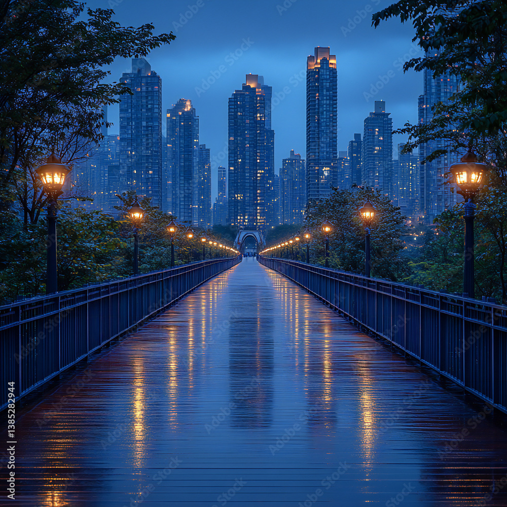 Fototapeta premium A wide-angle shot of a city bridge, with the skyline stretching in the distance, illuminated by streetlights