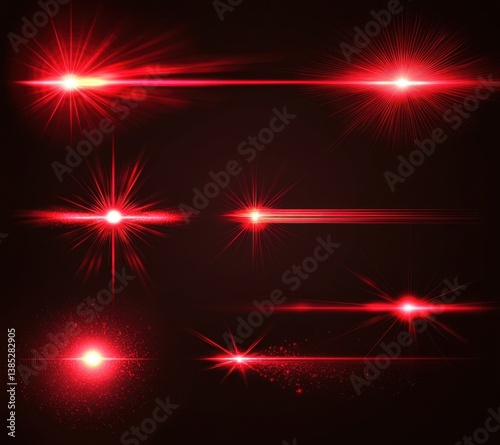 Glowing red light effect set with laser beams and lens flare on a black background, vector illustration design elements.