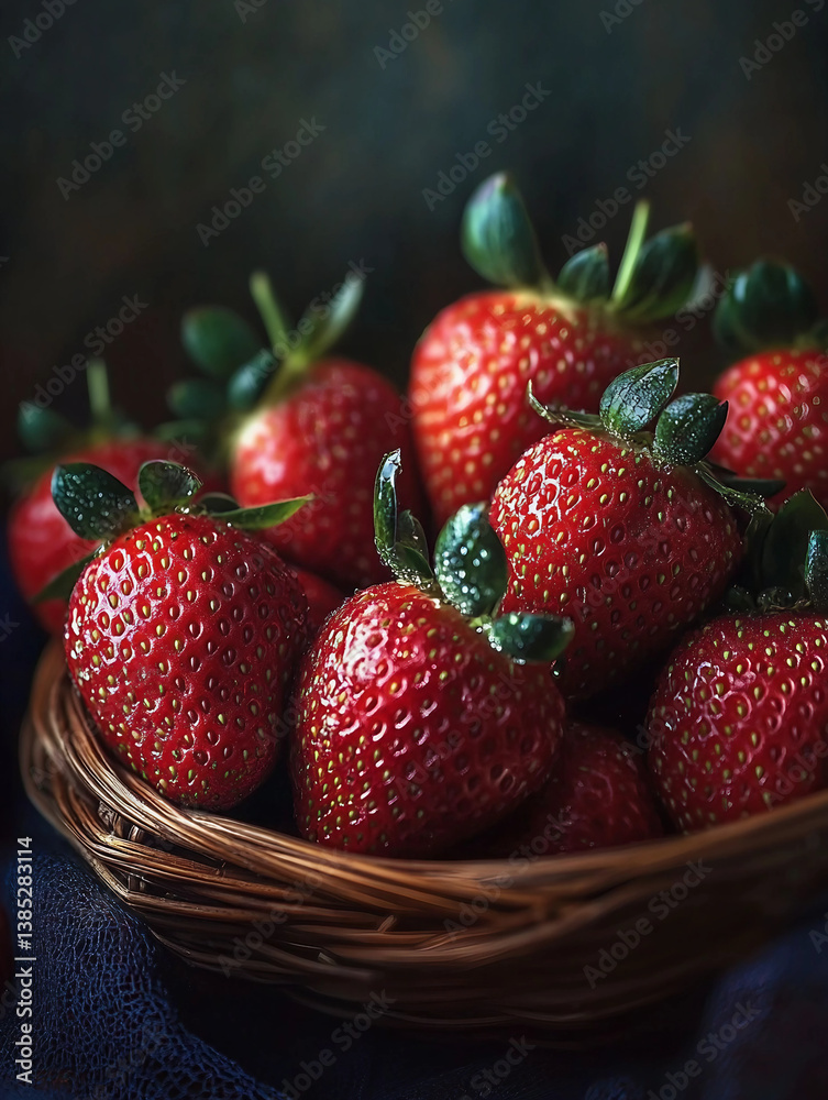 A basket of red strawberries is displayed on a table