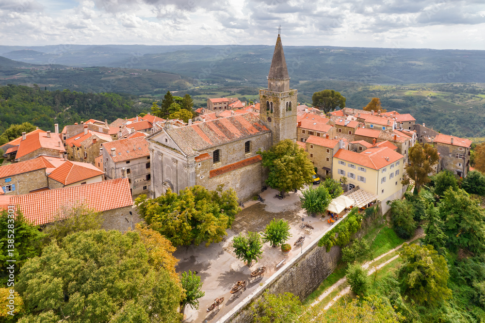 Aerial view of the picturesque historic town of Groznjan, Istria region, Croatia