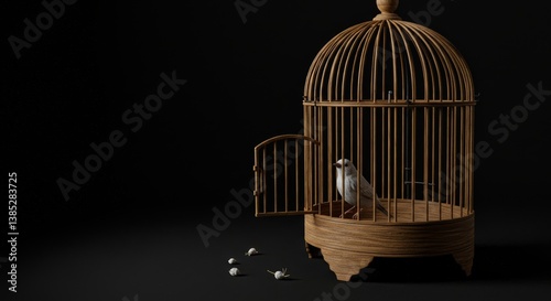 Captive state: Bird remains in open cage symbolizing limitation and reluctance