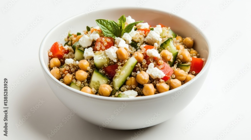A healthy quinoa salad with chickpeas, cucumber, and feta. Featuring nourishment and flavor A healthy quinoa salad with chickpeas, cucumber, and feta. Featuring nourishment and flavor