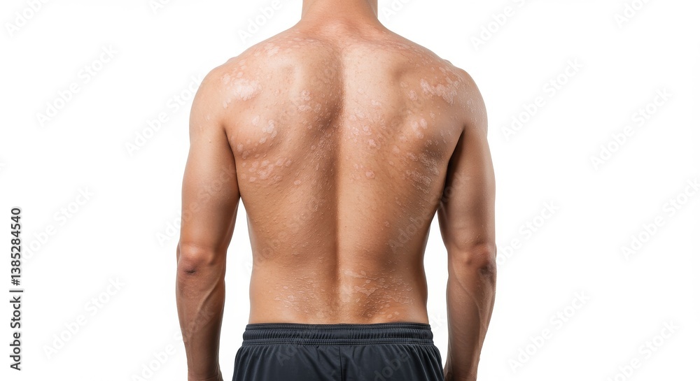 Male Back Showing Dry Skin and Scars on White Background - Medical depicting dry skin, scarring, and skin texture on a man's back. Concepts: Dermatology, health, skincare, treatment, condition Male Back Showing Dry Skin and Scars on White Background - Medical depicting dry skin, scarring, and skin texture on a man's back. Concepts: Dermatology, health, skincare, treatment, condition
