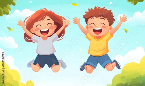 two happy kids friends jumping happy and excited playing on a trampoline amusement park cartoon illustration style for active fun joy time of children, Generative AI