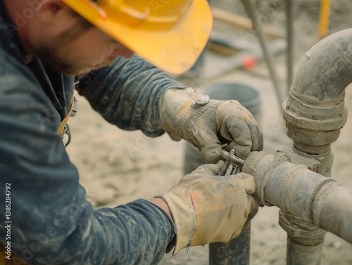 A construction worker fixing pipes at a building site. Featuring expertise and detail