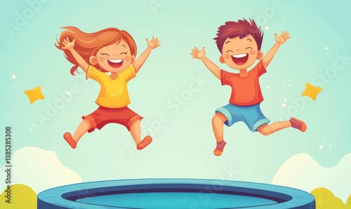 two happy kids friends jumping happy and excited playing on a trampoline amusement park cartoon illustration style for active fun joy time of children, Generative AI