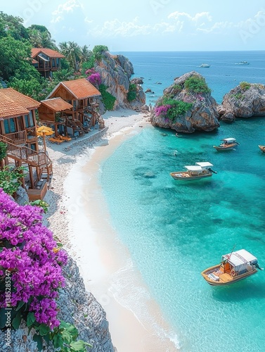 Secluded Tropical Beach Paradise: Wooden Bungalows, Turquoise Waters, and Luxurious Getaway