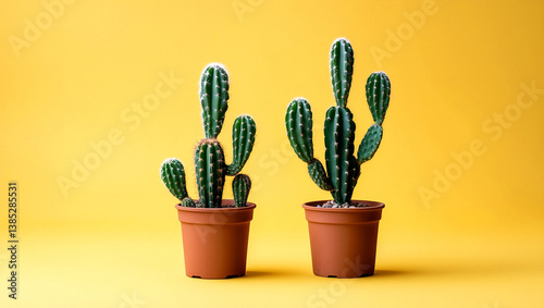 Two small green cacti on a bright yellow background