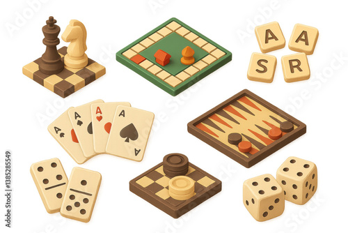 Colorful 3d board game icons: chess, dice, cards, dominoes, and scrabble tiles for interactive design