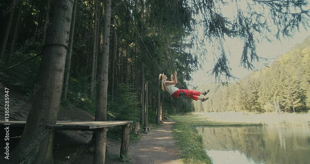 Woman Enjoying Nature on a Swing. Embraces lightness and freedom, surrounded by fresh air and greenery. Relaxation, happiness, connection to nature.