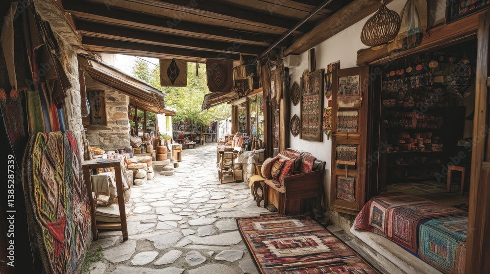 Cobblestone alleyway artisan shop, textiles, village Cobblestone alleyway artisan shop, textiles, village