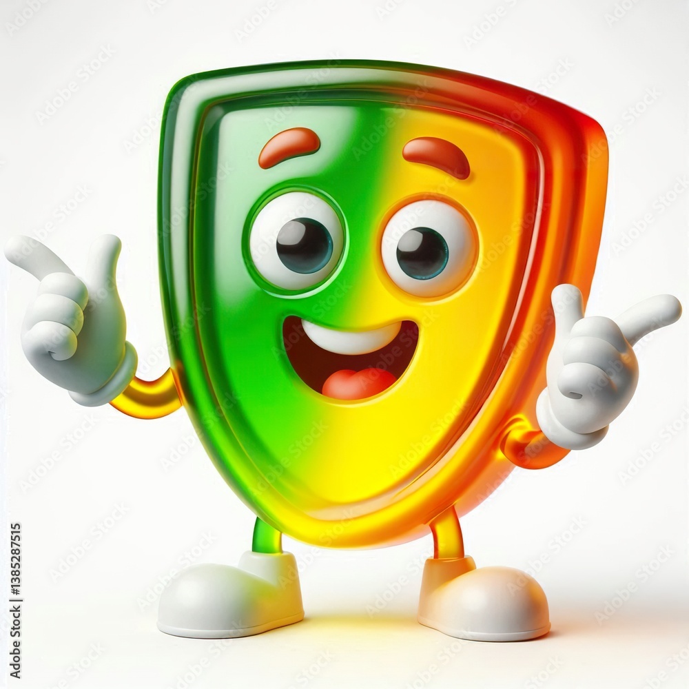 Fototapeta premium Cute character 3D image of a jelly gummy candy shield shape with a big eye, funny laughing, hands, and legs on a white background
