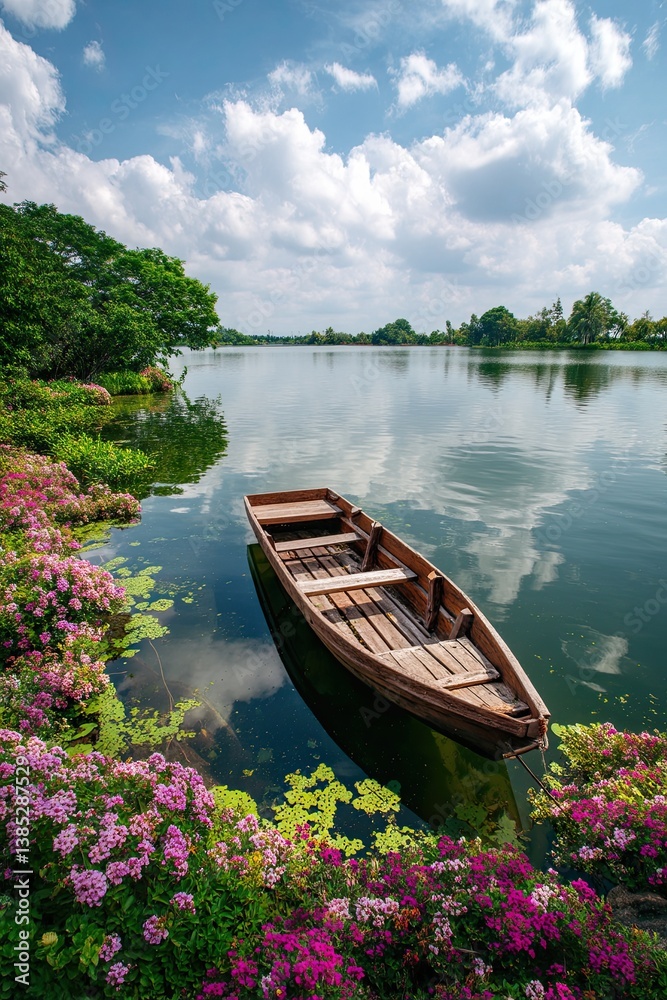 Wooden boat floating on calm lake surrounded by pink flowers and green trees under blue sky with clouds Wooden boat floating on calm lake surrounded by pink flowers and green trees under blue sky with clouds
