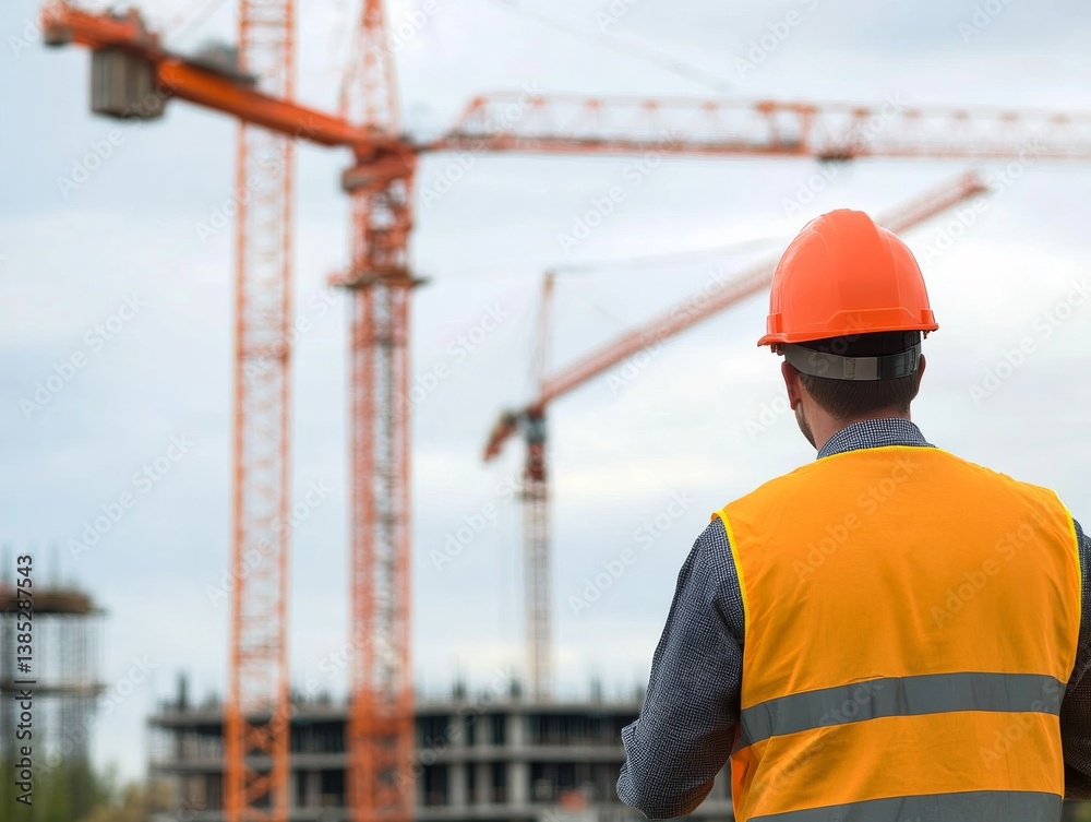 A construction worker guiding a crane at a building site. Featuring strength and control A construction worker guiding a crane at a building site. Featuring strength and control