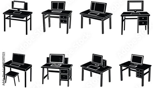 Computer Desk Vector Shilhouette Bundle Set Collection