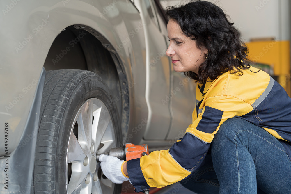 Woman, car mechanic working on engines as mechanic in garage for repair, maintenance and vehicle service. Mechanic inspecting and changing wheel by air impact wrench Woman, car mechanic working on engines as mechanic in garage for repair, maintenance and vehicle service. Mechanic inspecting and changing wheel by air impact wrench