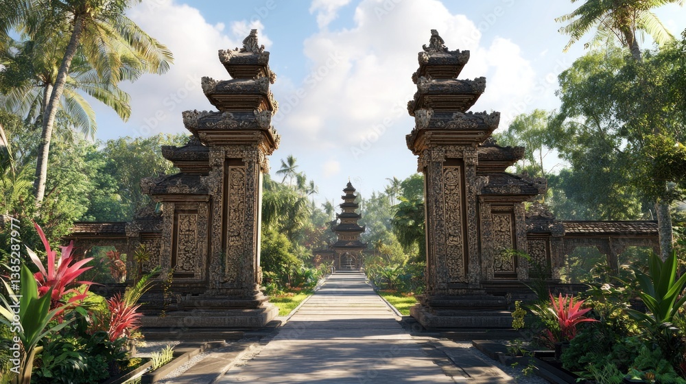 Tropical temple gate pathway, Bali, paradise, travel, tourism, serenity, vacation, architecture, 3D render Tropical temple gate pathway, Bali, paradise, travel, tourism, serenity, vacation, architecture, 3D render