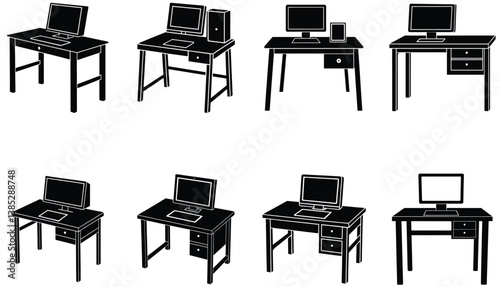 Computer Desk Vector Shilhouette Bundle Set Collection