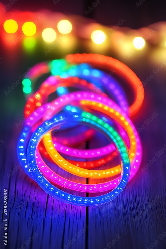 Fototapeta premium Colorful LED Bracelets on Wooden Surface