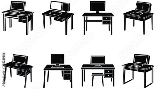 Computer Desk Vector Shilhouette Bundle Set Collection
