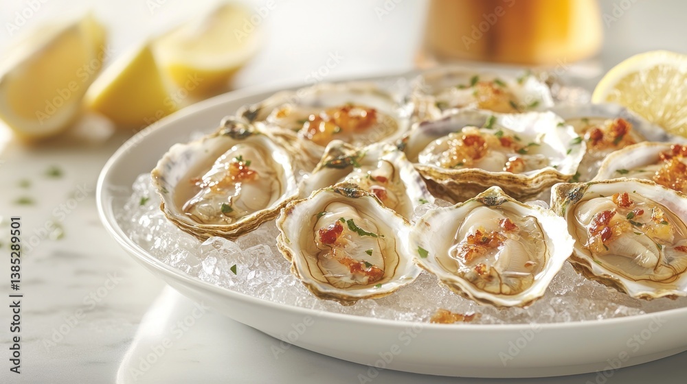 Fresh oysters on the half shell, garnished with herbs and chili, served on ice. Fresh oysters on the half shell, garnished with herbs and chili, served on ice.