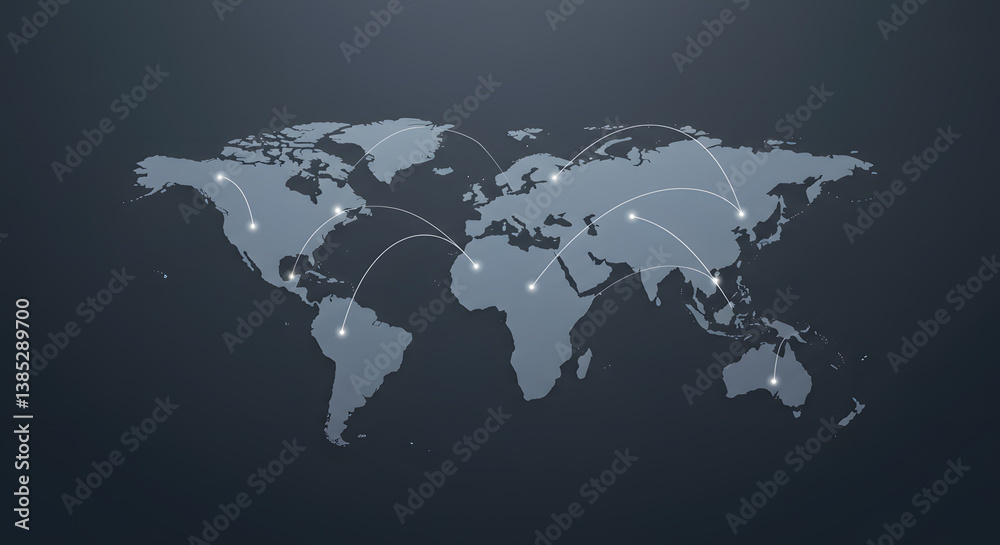 Obraz premium Global Network: Stylized World Map with Connected Dots on Dark Gray Background