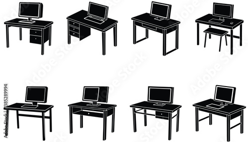 Computer Desk Vector Shilhouette Bundle Set Collection