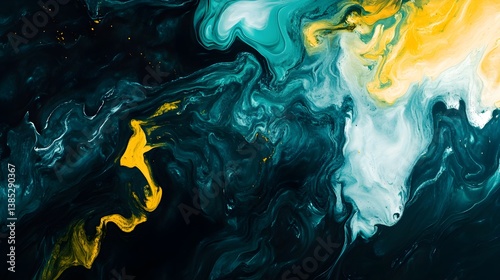 Abstract background colored liquid paint in blue, navy and yellow color, close up, top view