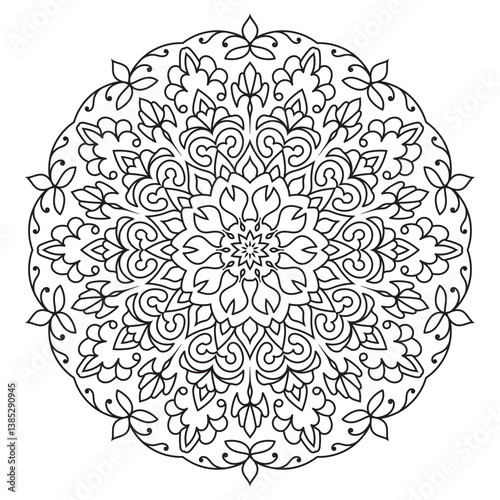Elegant Floral Mandala Intricate Line Art for Coloring Books, Henna, Tattoos, Ornamental, Spiritual and Symmetrical Design for Mindfulness and Healing