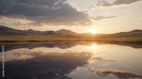 Serene sunset reflecting on calm lake, mountains.