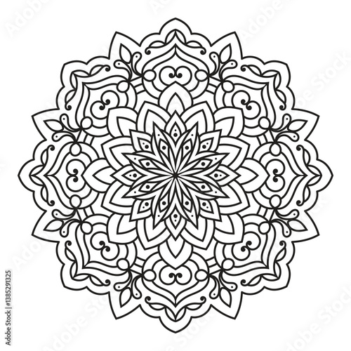 Elegant Floral Mandala Intricate Line Art for Coloring Books, Henna, Tattoos, Ornamental, Spiritual and Symmetrical Design for Mindfulness and Healing
