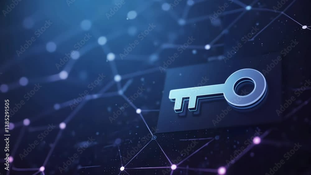 Sleek Blue Digital Key Icon with Connected Network Nodes – Cybersecurity & Blockchain Concept