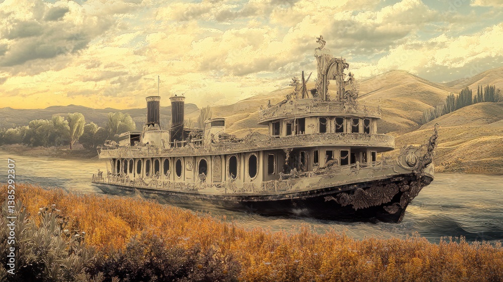 Obraz premium Derelict steamboat aground, autumn hills, sunset, decay