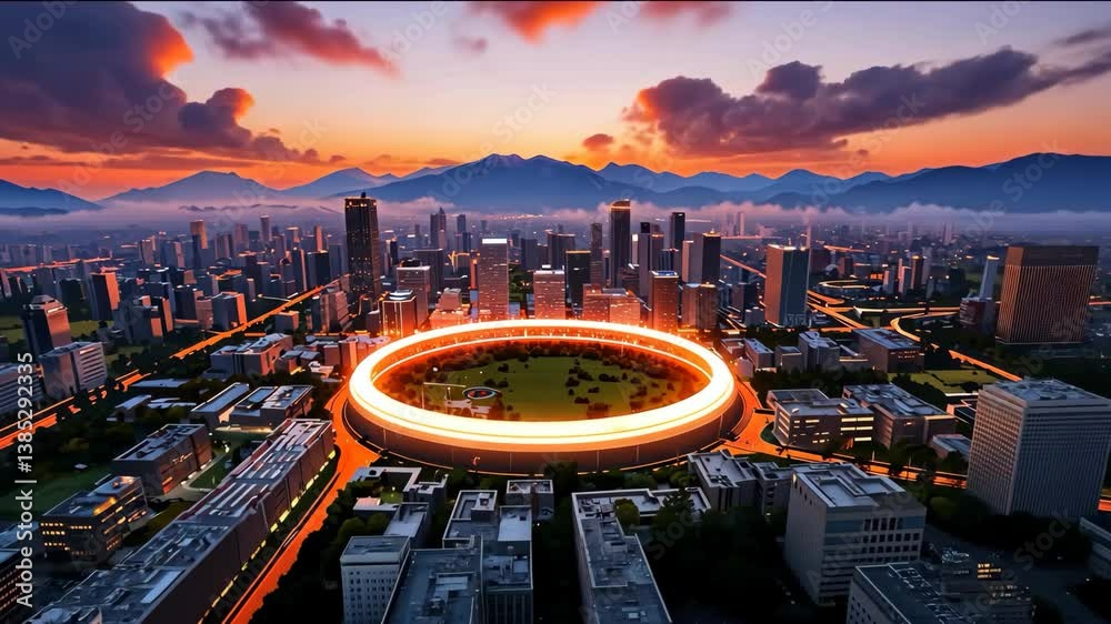 Spectacular Cityscape at Dusk: Aerial View of Urban Metropolis with Glowing Architectural Feature