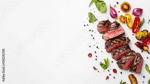 A juicy grilled steak with roasted vegetables. Featuring richness and flavor