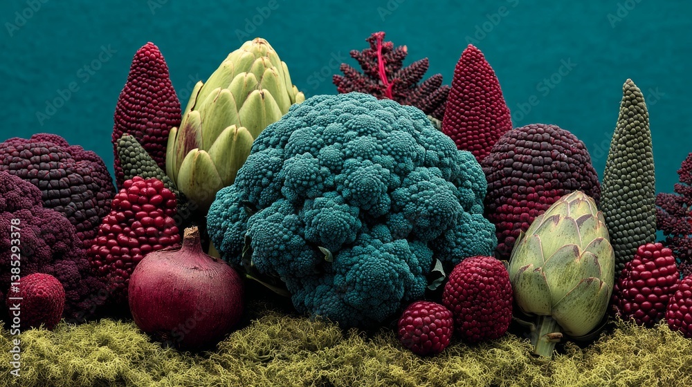 Vibrant arrangement of futuristic vegetables and fruits for plant-based nutrition and eco-conscious cuisine