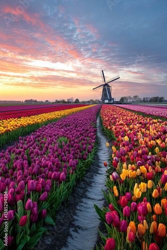 Vibrant tulip field with windmill and colorful sunset sky in spring countryside of the Netherlands
