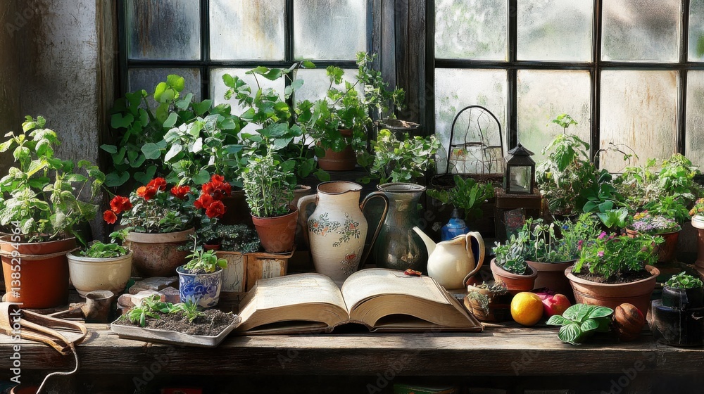 Lush Indoor Garden with Potted Plants, Traditional Pottery, and an Open Book Placed on a Wooden Table in a Sunlit Room with Large Windows Lush Indoor Garden with Potted Plants, Traditional Pottery, and an Open Book Placed on a Wooden Table in a Sunlit Room with Large Windows