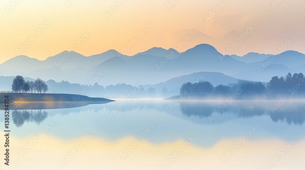 Fototapeta premium Serene misty sunrise over calm lake reflecting mountain range.