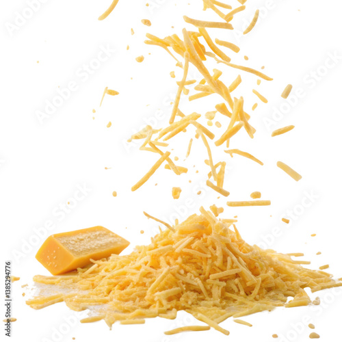 Grated cheese falls gracefully onto mound, showcasing its rich texture and vibrant color, perfect for enhancing any dish