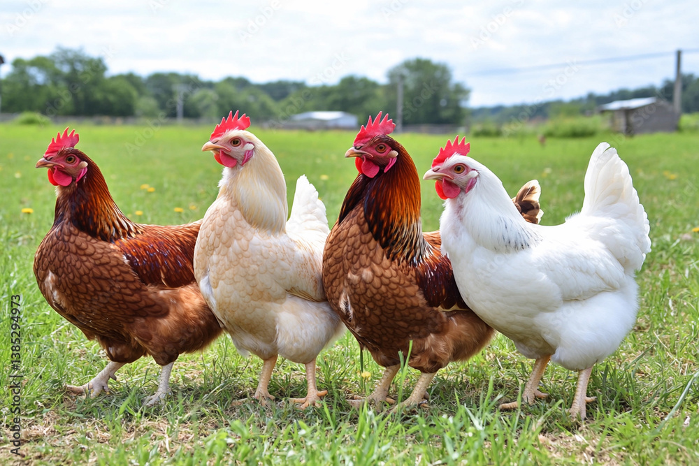 Chickens roaming freely on a sunny day at a vibrant chicken farm filled with greenery and activity Chickens roaming freely on a sunny day at a vibrant chicken farm filled with greenery and activity