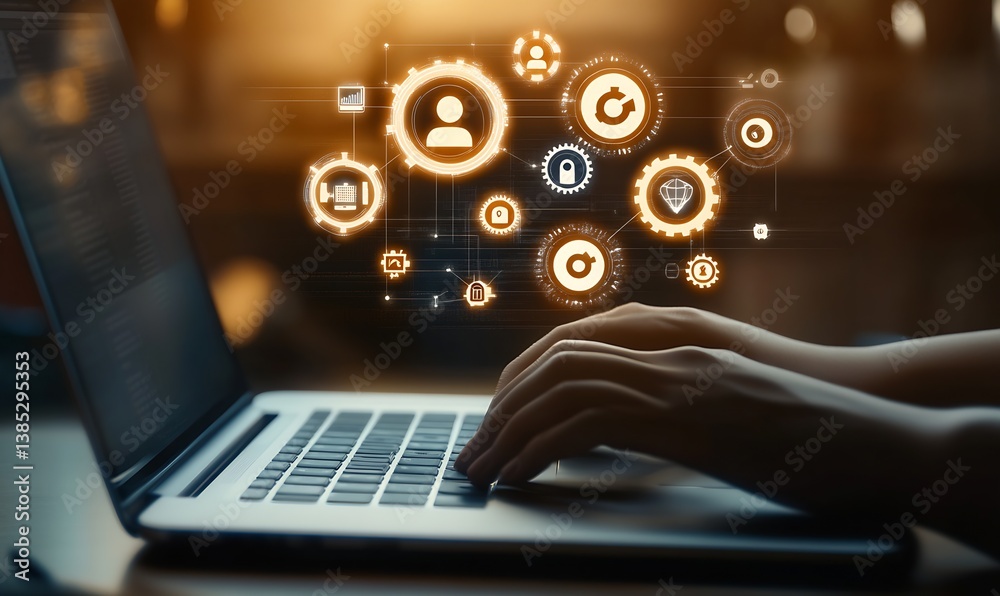 Close-up view of a hand typing on a laptop with digital icons representing technology and modern communication : Generative AI